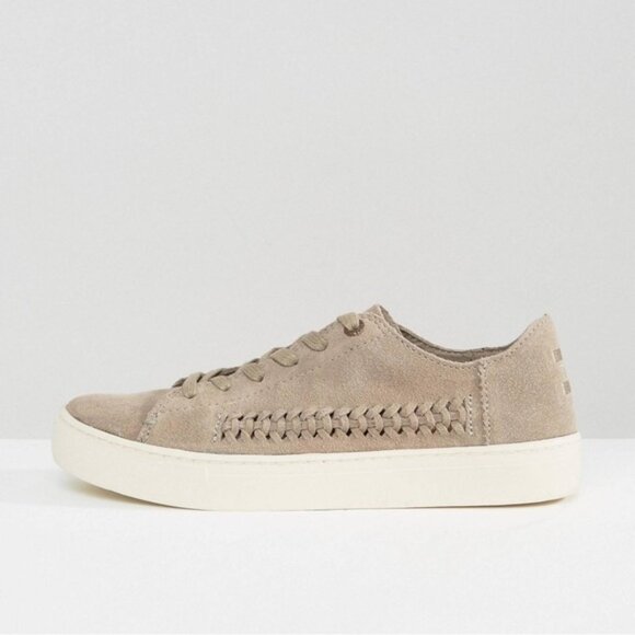 Toms Lenox Sneakers Shoes Lace Up Suede Woven Panel Desert Grey Women Size 6 - Picture 4 of 16